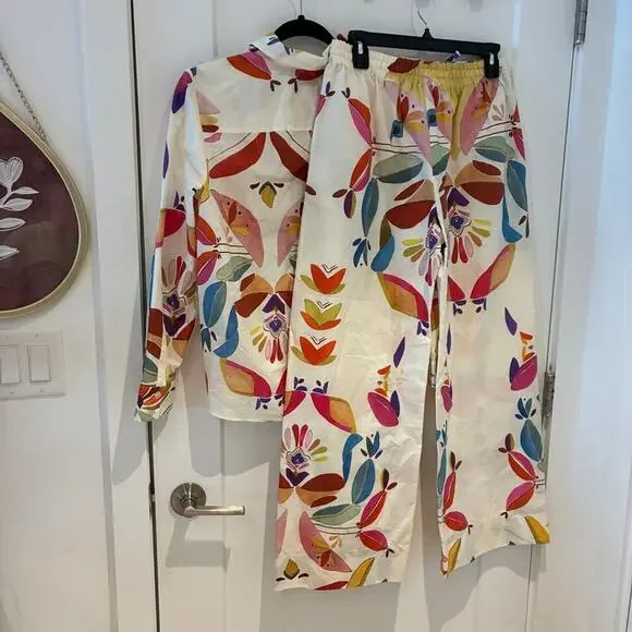 Zara Cream Printed Poplin Shirt and Wide Leg Pants Set Small - Picture 4 of 12